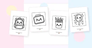 Preview collage of dreamy kawaii coloring pages printable designs