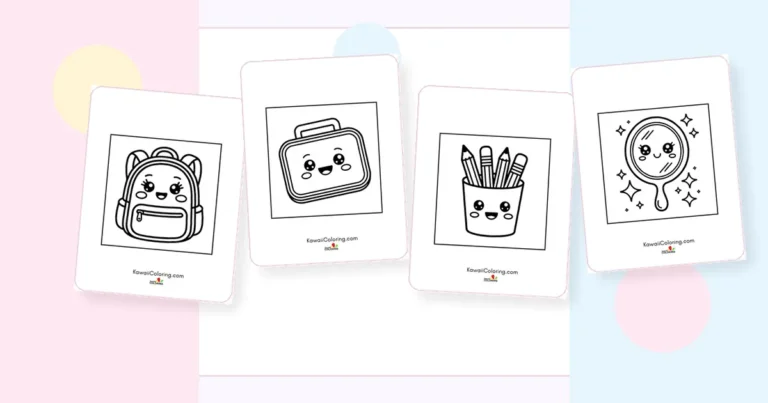 Preview collage of dreamy kawaii coloring pages printable designs