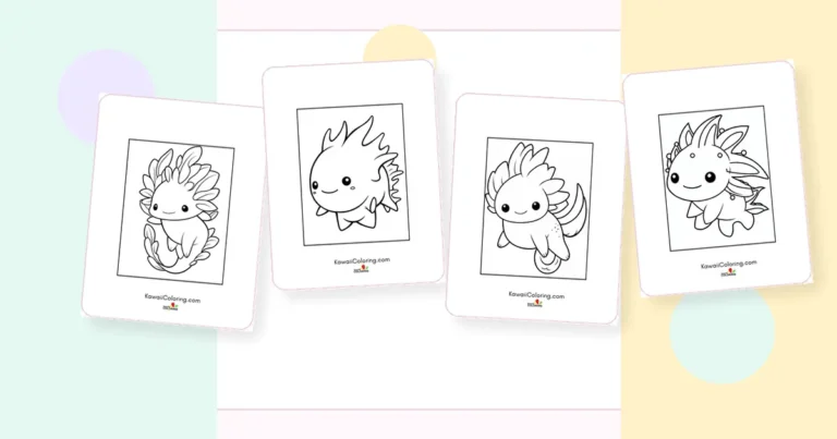 Preview collage of kawaii axolotl coloring pages printable designs