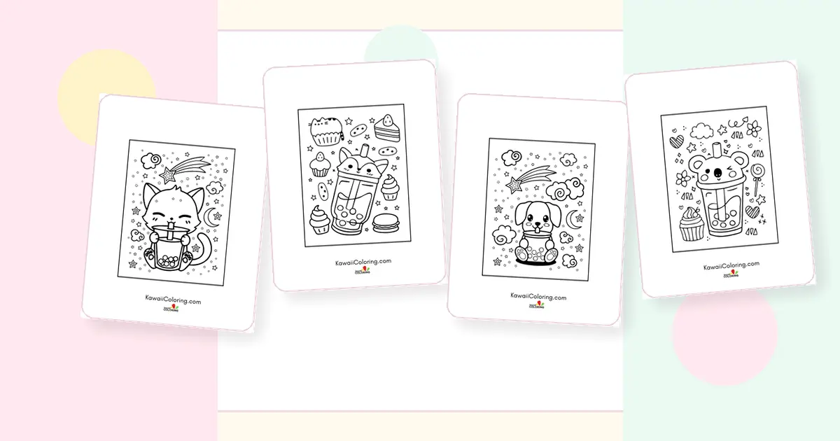 Preview collage of kawaii boba coloring pages printable designs