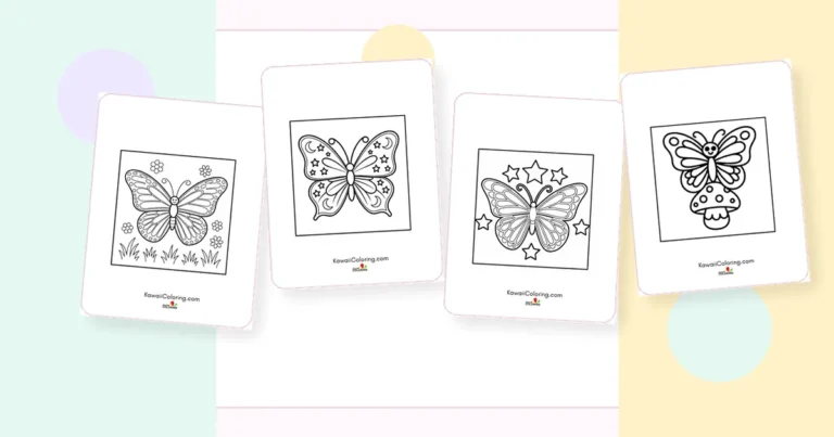 Preview collage of kawaii butterfly coloring pages printable designs