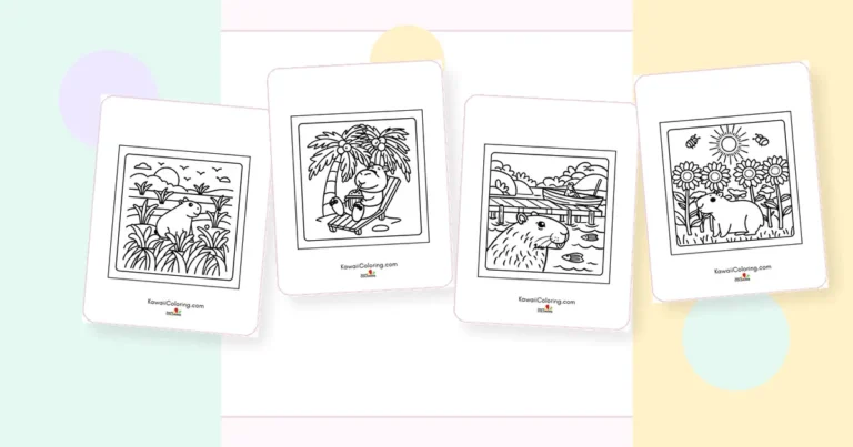 Preview collage of kawaii capybara coloring pages printable designs