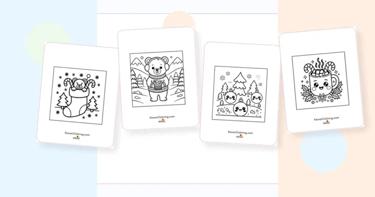 Preview collage of kawaii christmas coloring pages printable designs