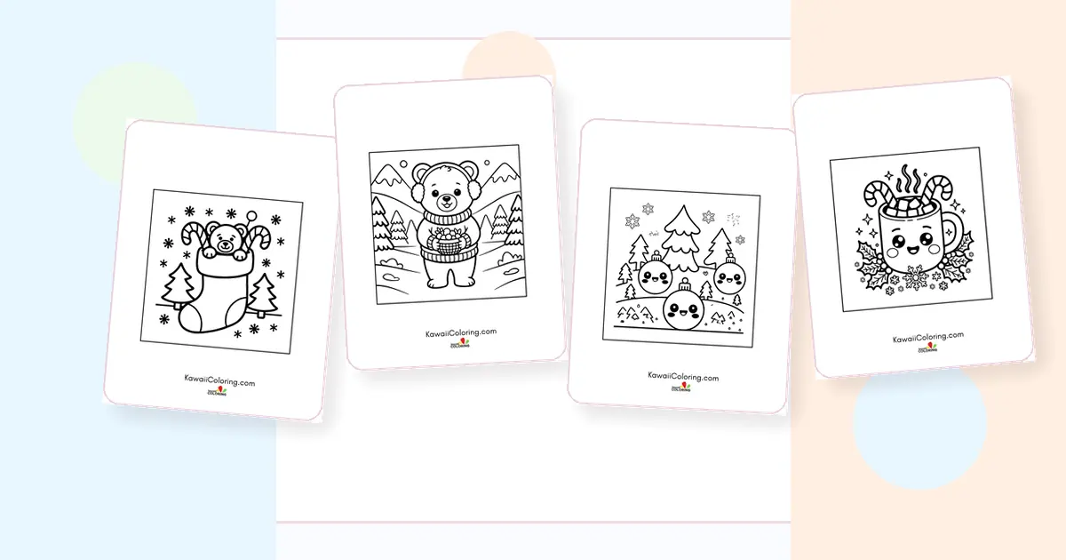 Preview collage of kawaii christmas coloring pages printable designs
