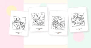 Preview collage of kawaii coffee coloring pages printable designs