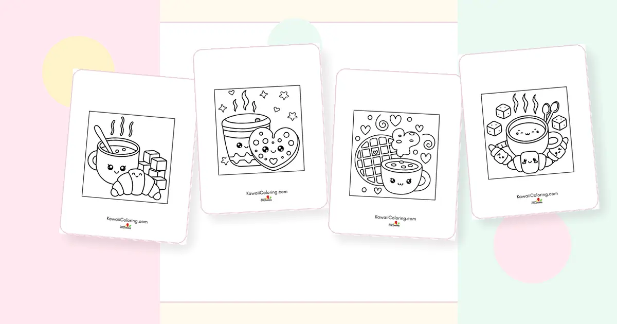 Preview collage of kawaii coffee coloring pages printable designs