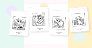 Preview collage of kawaii cow coloring pages printable designs