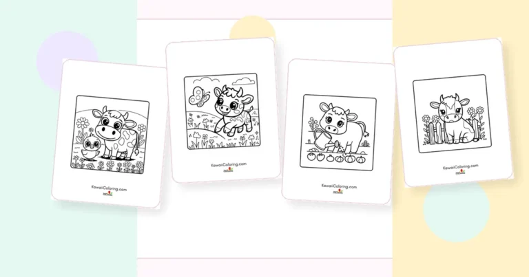 Preview collage of kawaii cow coloring pages printable designs