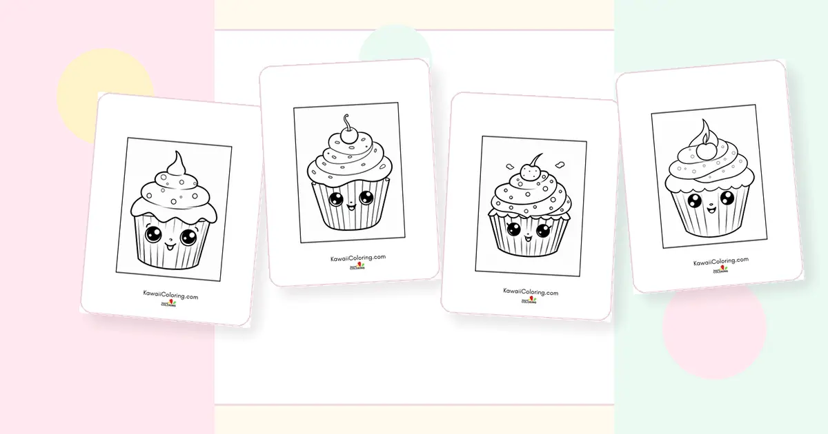Preview collage of kawaii cupcake coloring pages printable designs