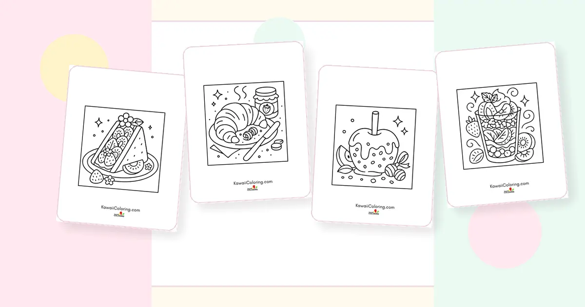 Preview collage of kawaii cute dessert coloring pages printable designs