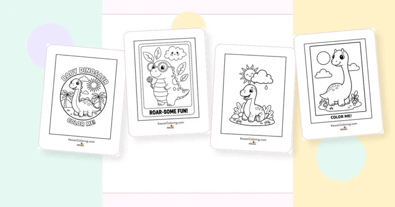 Preview collage of kawaii dinosaur coloring pages printable designs