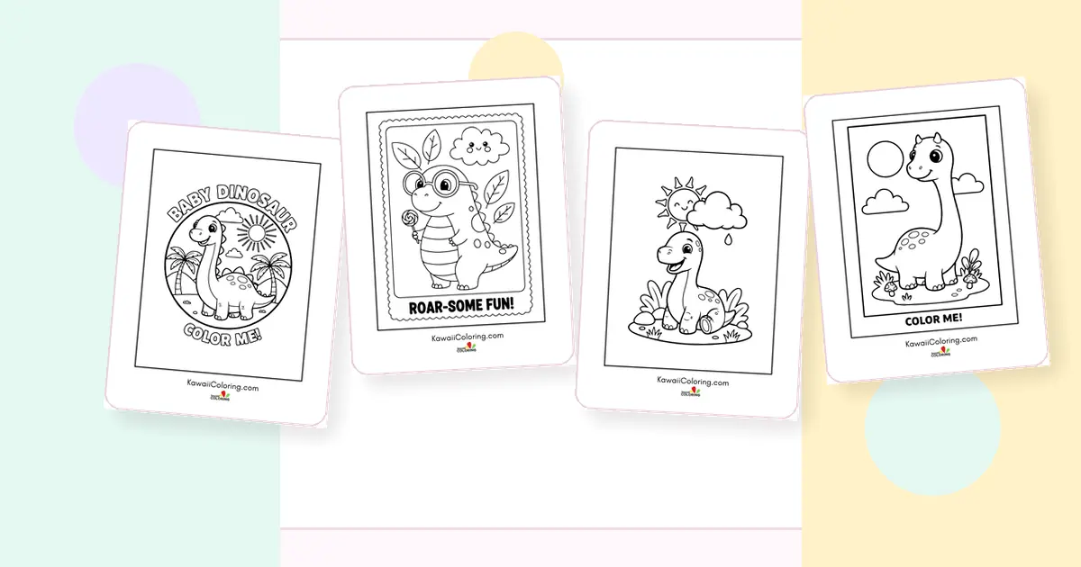 Preview collage of kawaii dinosaur coloring pages printable designs