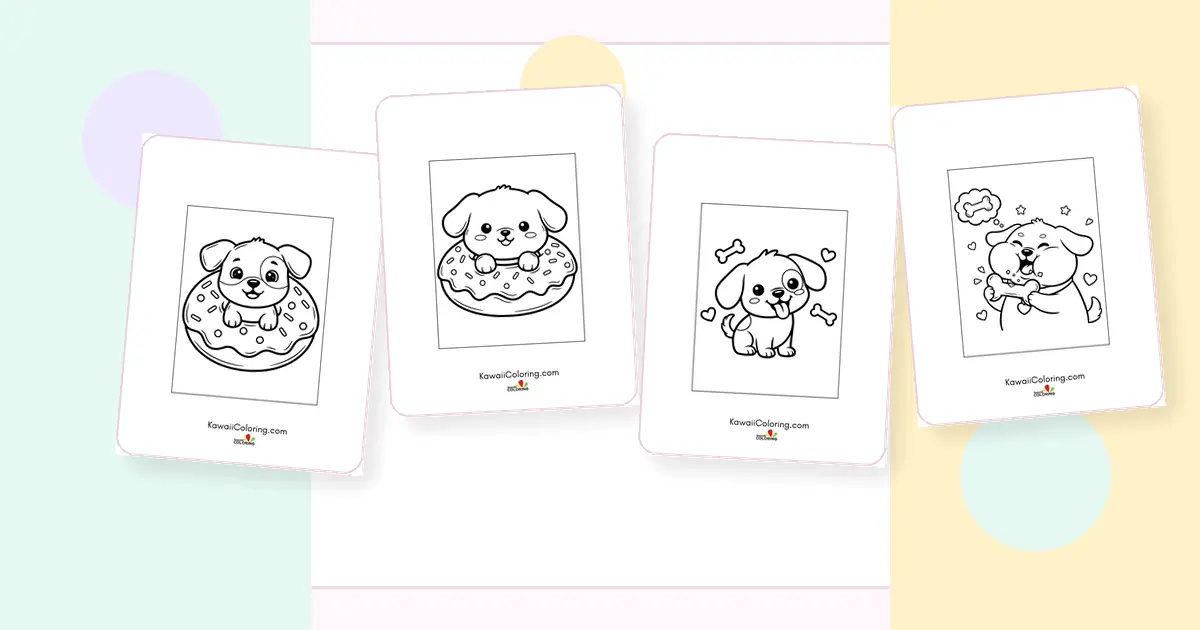 Preview collage of kawaii dog coloring pages printable designs