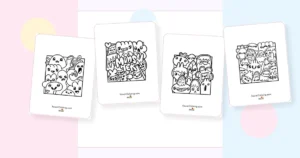 Preview collage of kawaii doodle art coloring pages printable designs