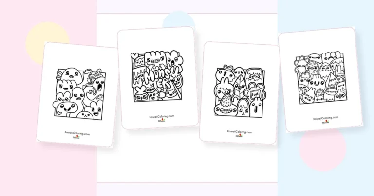 Preview collage of kawaii doodle art coloring pages printable designs