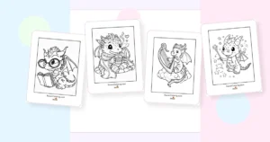 Preview collage of kawaii dragon coloring pages printable designs