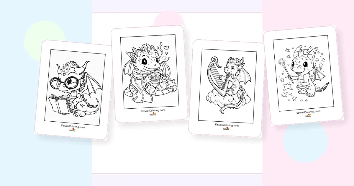 Preview collage of kawaii dragon coloring pages printable designs