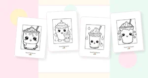 Preview collage of kawaii drinks coloring pages printable designs