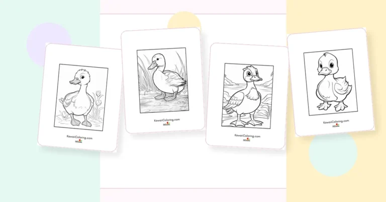 Preview collage of kawaii duck coloring pages printable designs