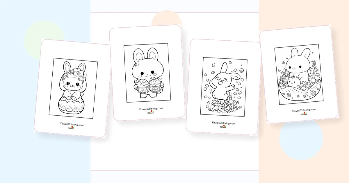 Preview collage of kawaii easter bunny coloring pages printable designs