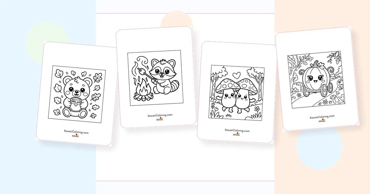 Preview collage of kawaii fall coloring pages printable designs
