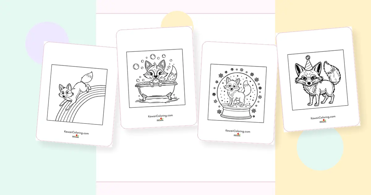 Preview collage of kawaii fox coloring pages printable designs
