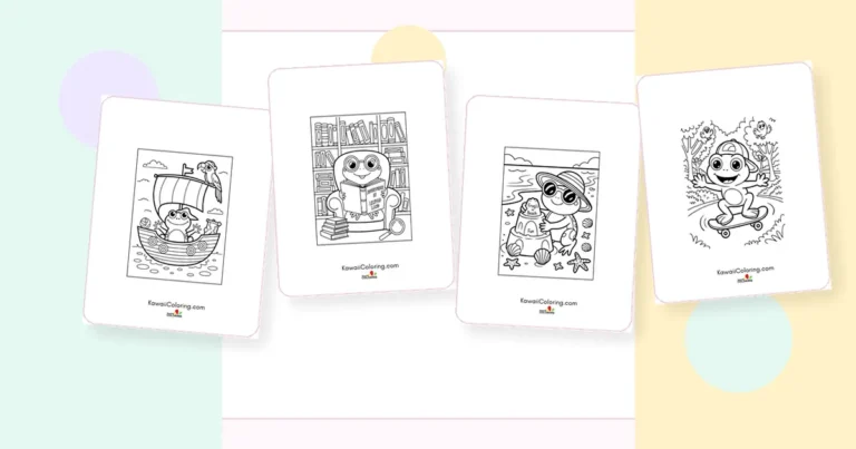 Preview collage of kawaii frog coloring pages printable designs