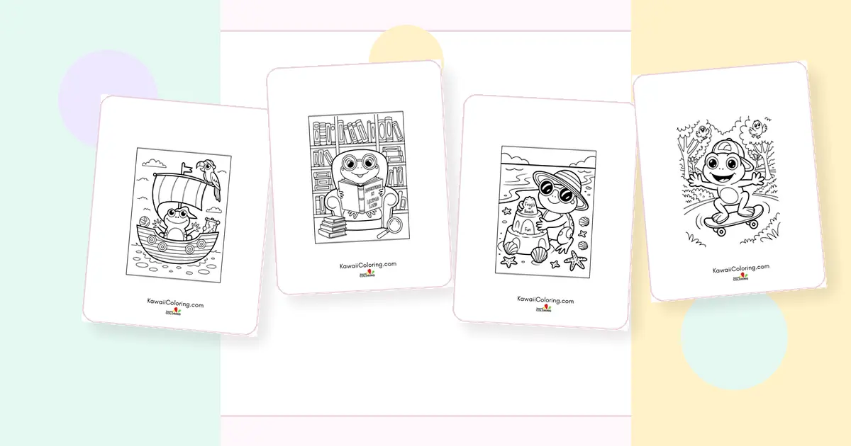 Preview collage of kawaii frog coloring pages printable designs