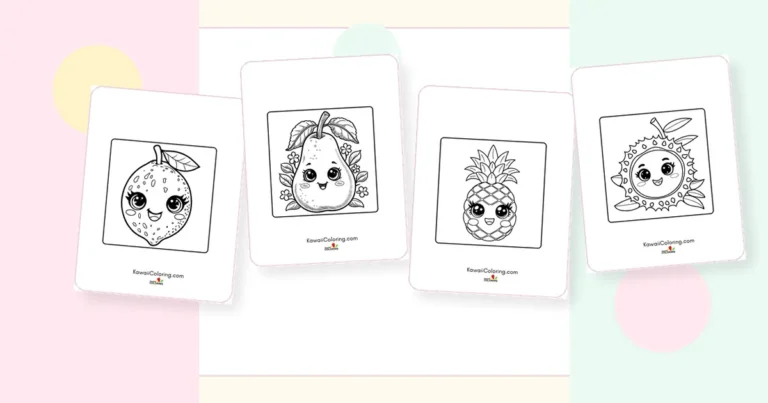 Preview collage of kawaii fruits coloring pages printable designs