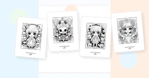 Preview collage of kawaii halloween coloring pages printable designs