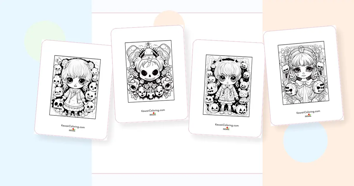 Preview collage of kawaii halloween coloring pages printable designs