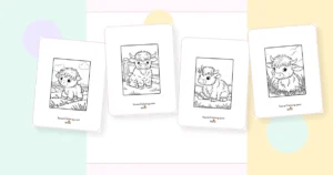 Preview collage of kawaii highland cow coloring pages printable designs