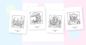 Preview collage of kawaii mermaid coloring pages printable designs