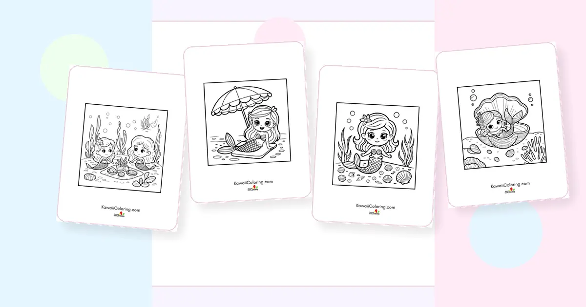 Preview collage of kawaii mermaid coloring pages printable designs