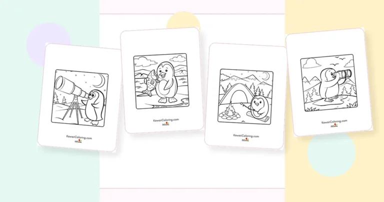 Preview collage of kawaii penguins coloring pages printable designs