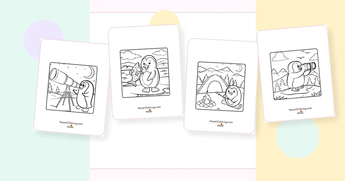 Preview collage of kawaii penguins coloring pages printable designs