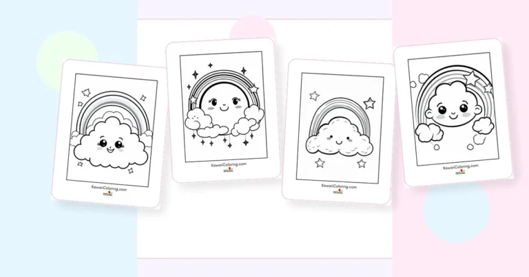 Preview collage of kawaii rainbow coloring pages printable designs
