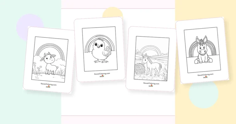 Preview collage of kawaii rainbow farm animals coloring pages printable designs