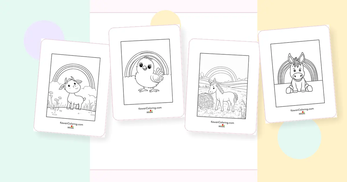 Preview collage of kawaii rainbow farm animals coloring pages printable designs