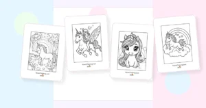 Preview collage of kawaii rainbow unicorn coloring pages printable designs