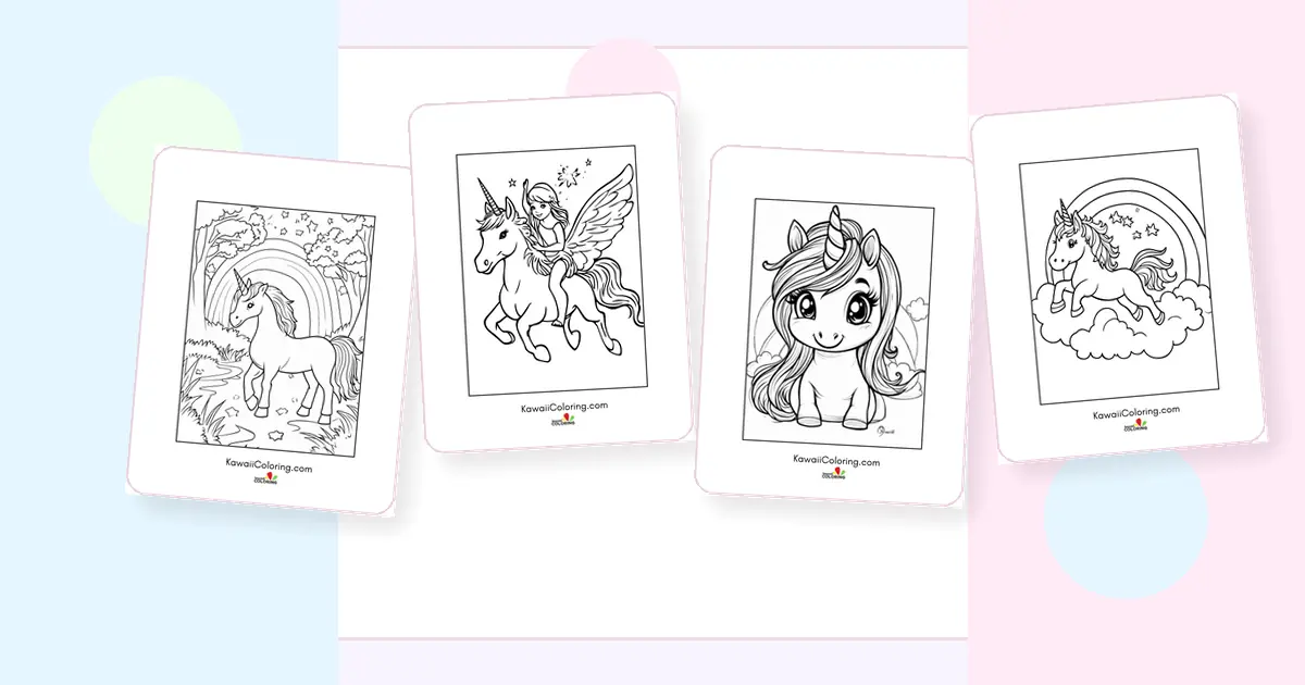 Preview collage of kawaii rainbow unicorn coloring pages printable designs