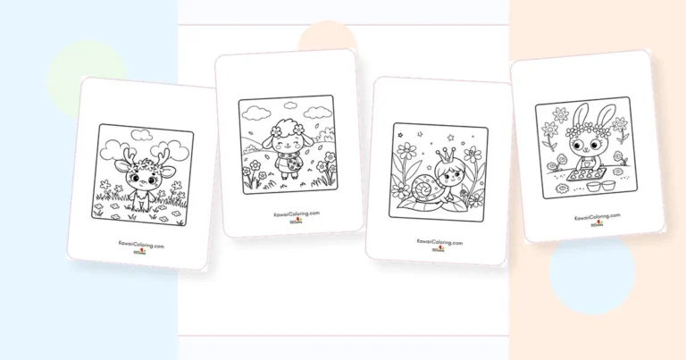 Preview collage of kawaii spring coloring pages printable designs