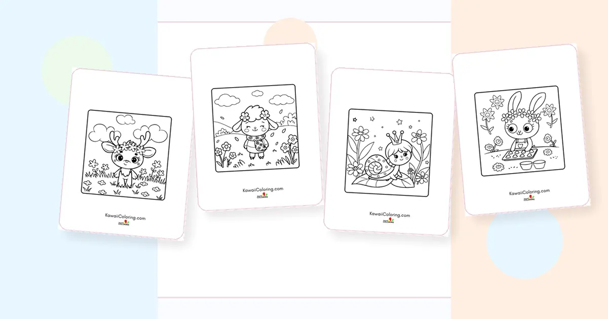 Preview collage of kawaii spring coloring pages printable designs