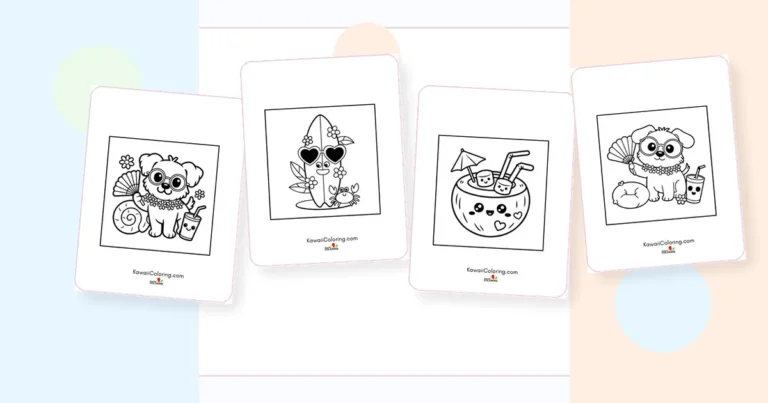 Preview collage of kawaii summer coloring pages printable designs