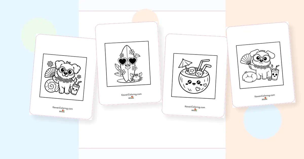 Preview collage of kawaii summer coloring pages printable designs