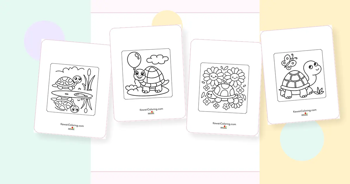 Preview collage of kawaii turtle coloring pages printable designs