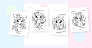 Preview collage of kawaii unicorn coloring pages printable designs