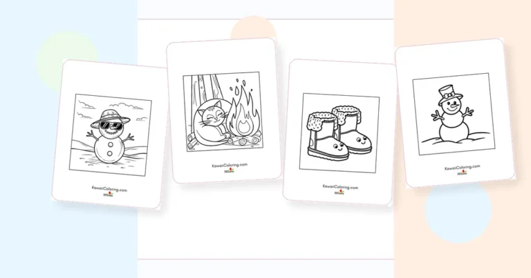 Preview collage of kawaii winter coloring pages printable designs