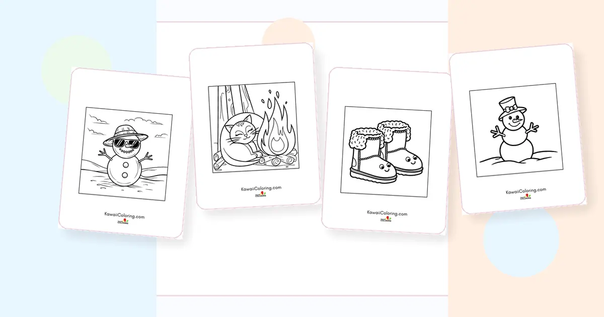 Preview collage of kawaii winter coloring pages printable designs