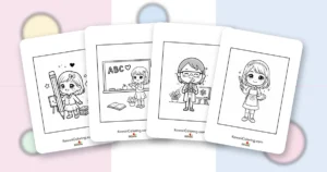 Preview collage of kawaii teacher coloring pages printable designs
